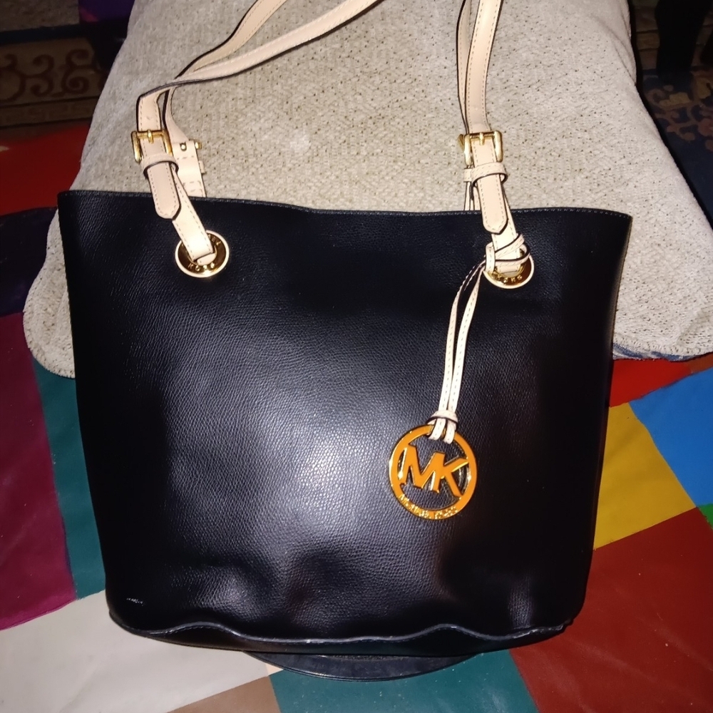 Michael Kors Black Pebbled Leather Tote with Cream Straps and Gold Hardware